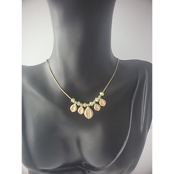 Vintage Necklace Chain Silver Tone Green Beads Gold Tone Leaves Jewelry Costume - Picture 3 of 9